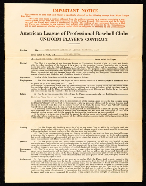 Edward Butkas 1945 Washington American League Baseball Club Official Players Contract Signed by Butka and Deceased HOFers Clark Griffith and William Harridge with JSA LOA
