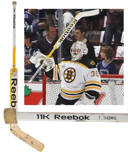 Tim Thomas 2010-11 Stanley Cup Finals Boston Bruins Signed Reebok 11K Game-Used Stick from His Personal Collection with His Signed LOA - Photo-Matched to Game One of the Finals!