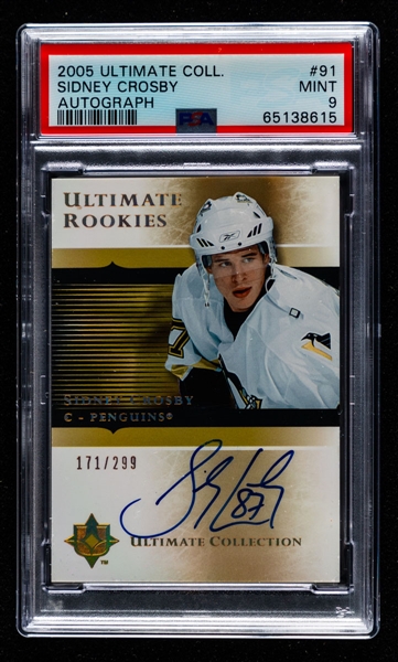 2005-06 Upper Deck Ultimate Collection Ultimate Rookies Autographed Hockey Card #91 Sidney Crosby Rookie (171/299) - Graded PSA 9