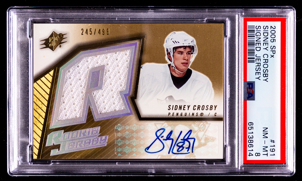 2005-06 Upper Deck SPx Rookie Jersey Autograph Hockey Card #191 Sidney Crosby Rookie (245/499) - Graded PSA 8