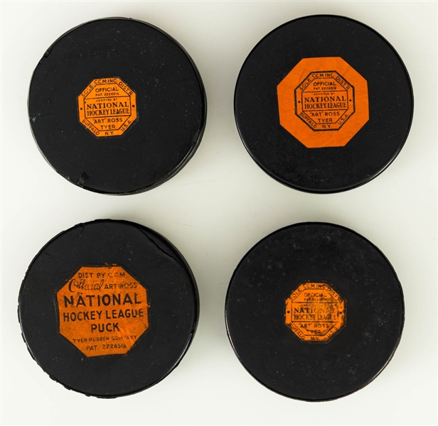1942-50 Art Ross NHL Game Pucks (2), 1950-58 Art Ross NHL Game Puck, 1962-64 Art Ross NHL Puck and 1960-65 Monarch Puck  