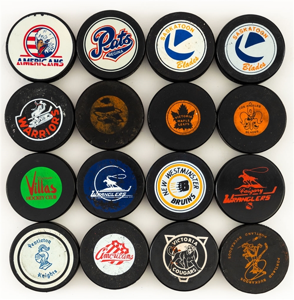 Western Hockey League (WHL) / (WCHL) 1956-2000s Art Ross, Converse, Biltrite and Viceory Game and Souvenir Puck Collection of 45 