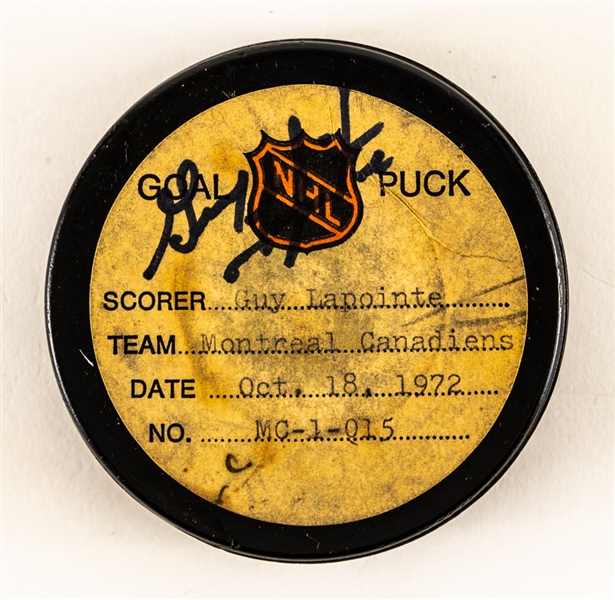 Guy Lapointe’s Montreal Canadiens October 18th 1972 Signed Goal Puck from the NHL Goal Puck Program – 1st Goal of Season / Career Goal #27 of 171
