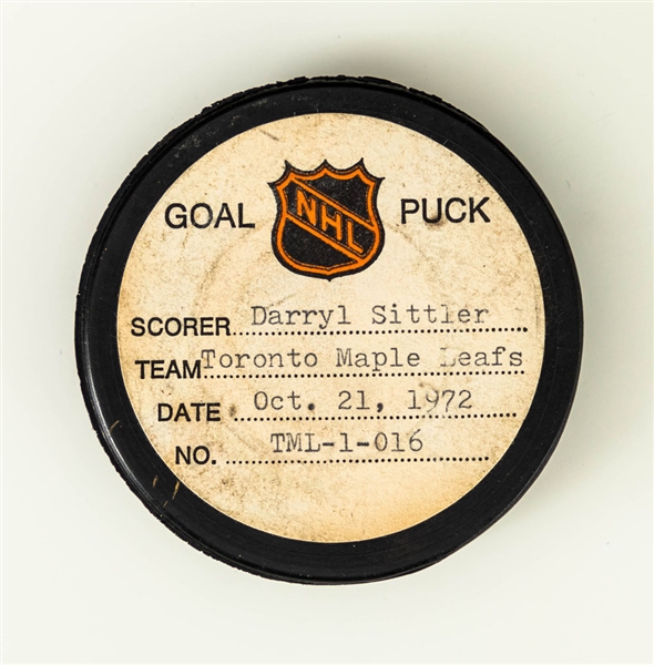 Darryl Sittler’s Toronto Maple Leafs October 21st 1972 Goal Puck from the NHL Goal Puck Program – 4th Goal of Season / Career Goal #29 of 484