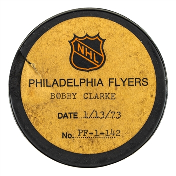 Bobby Clarke’s Philadelphia Flyers January 13th 1973 Goal Puck from the NHL Goal Puck Program - Season Goal #20 of 37 / Career Goal #97 of 358