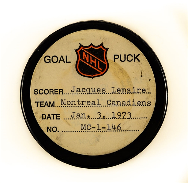 Jacques Lemaire’s Montreal Canadiens January 3rd 1973 Goal Puck from the NHL Goal Puck Program – 30th Goal of Season / Career Goal #173 of 366