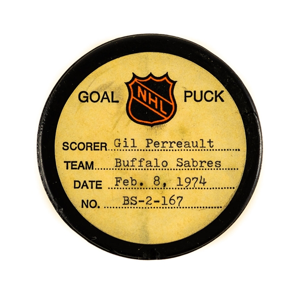 Gilbert Perreault’s Buffalo Sabres February 8th 1974 Goal Puck from the NHL Goal Puck Program – 11th Goal of Season / Career Goal #103 of 512