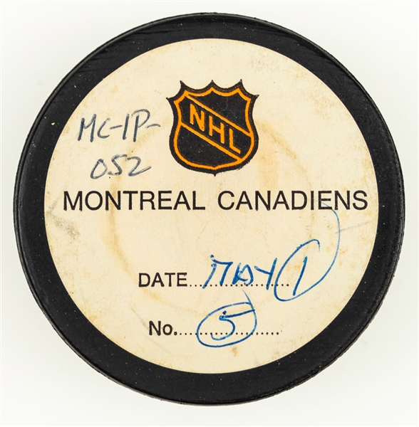 Frank Mahovlich’s Montreal Canadiens May 1st 1973 Stanley Cup Finals Goal Puck from the NHL Goal Puck Program - Season PO Goal #6 of 9 / Career PO Goal #47 of 51