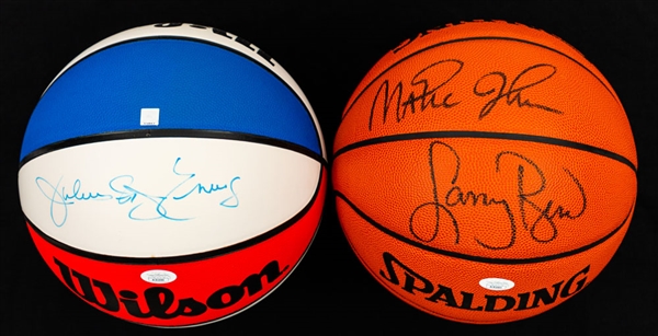 Julius “Dr. J” Erving Signed ABA Basketball and Larry Bird/Magic Johnson Dual-Signed Spalding Basketball - Both JSA Certified