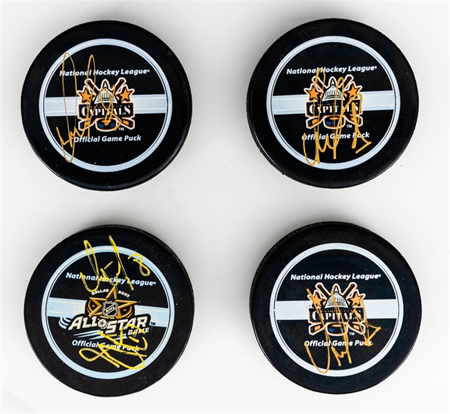 Alexander Ovechkin Signed Hockey Pucks (3) and Alexander Ovechkin/Sidney Crosby Dual-Signed Hockey Puck - All JSA Certified
