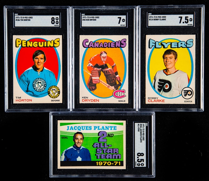 1971-72 O-Pee-Chee SGC-Graded Hockey Cards (4) Including #45 HOFer Ken Dryden Rookie (SGC 7) and #256 HOFer Jacques Plante (SGC 8.5)