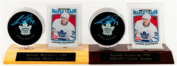 Auston Matthews Memorabilia Lot Including Signed Toronto Maple Leafs Official Game Pucks (2)