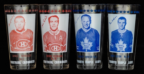 1967-68 Montreal Canadiens and Toronto Maple Leafs York Peanut Butter Glass Collection of 4 - Keon, Bower, Worsley and Richard