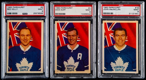 1963 Parkhurst PSA-Graded Hockey Cards (3) Including #3 HOFer Red Kelly and #4 HOFer Dick Duff - All Graded PSA 9 MINT