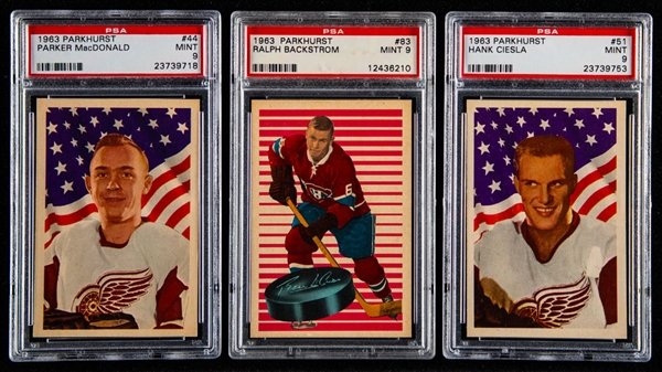 1963 Parkhurst PSA-Graded Hockey Cards (3) Including #44 Parker McDonald, #51 Hank Ciesla and #83 Ralph Backstrom - All Graded PSA 9 MINT