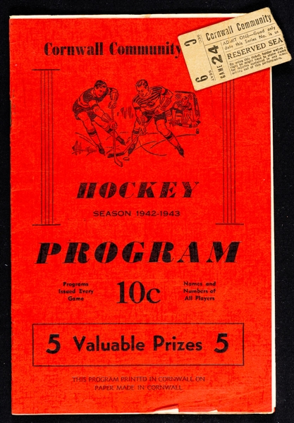Montreal Canadiens vs Cornwall Flyers 1942-43 Exhibition Program and Ticket Stub - One of Rocket Richards Earliest Canadiens Appearances! 