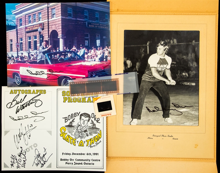 Bobby Orr Signed 1967 Canada Day Parade Photo with Original Negative Plus Vintage 1970s Orr and Waltons Sport Camp Softball Photos (4) Including Two Signed by Bobby Orr with LOA