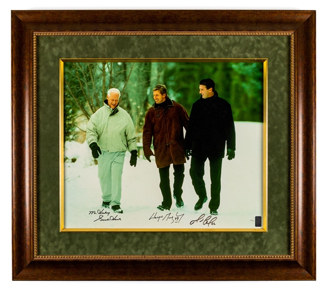 Wayne Gretzky, Gordie Howe and Mario Lemieux Triple-Signed "Pond of Dreams" Limited-Edition Framed Print on Canvas #16/199 with WGA COA (32" x 36") 
