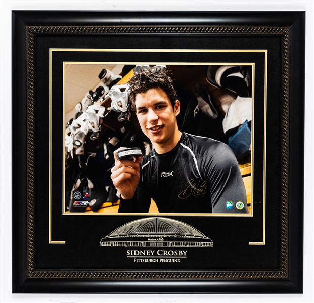 Sidney Crosby Signed Pittsburgh Penguins "First NHL Goal" Framed Display with COA (30” x 31”)