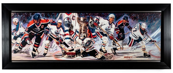 Edmonton Oilers "Magnificent Seven" Stretched Framed Canvas by Tag Kim Multi-Signed by Gretzky, Messier, Kurri, Coffey, Anderson, Lowe and Grant Fuhr with LOA (25" x 63") 