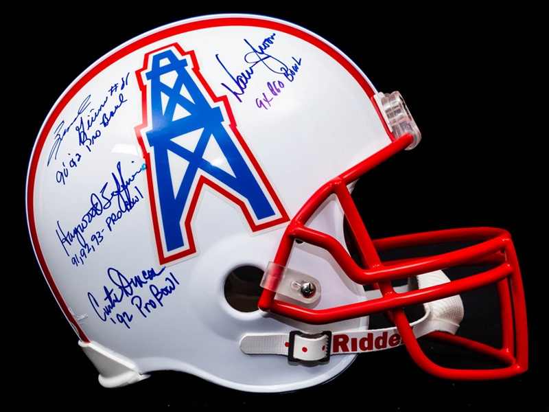 Warren Moon, Curtis Duncan, Haywood Jeffires and Ernest Givins Multi-Signed Houston Oilers Full-Size Riddell Helmet with JSA COA - “Pro Bowl” Annotations