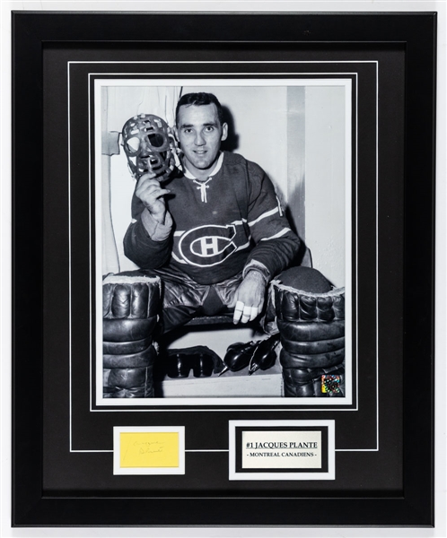Deceased HOFer Jacques Plante Montreal Canadiens Signed Cut Framed Display with COA (18" x 22")