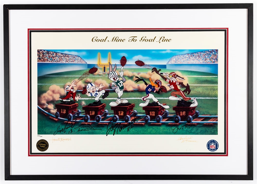 NFL "Coal Mine to Goal Mine" Multi-Signed Limited-Edition Looney Tunes Framed Lithograph with Unitas, Namath, Montana and Marino - COA (26" x 36")