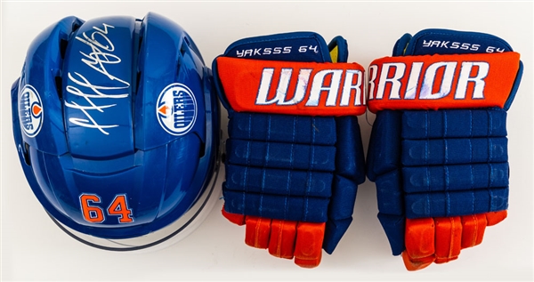Nail Yakupov’s 2012-13 Edmonton Oilers Signed Game-Worn Rookie Season Warrior Helmet Photo-Matched to Goal Celebration Slide Plus Yakupov’s 2013-14 Signed Game-Used Warrior Gloves with Team LOA’s 