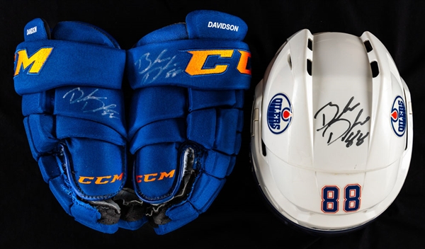 Brandon Davidson’s 2015-16 Edmonton Oilers Signed CCM Game-Worn Helmet and Signed CCM Game-Used Gloves with Team LOA 