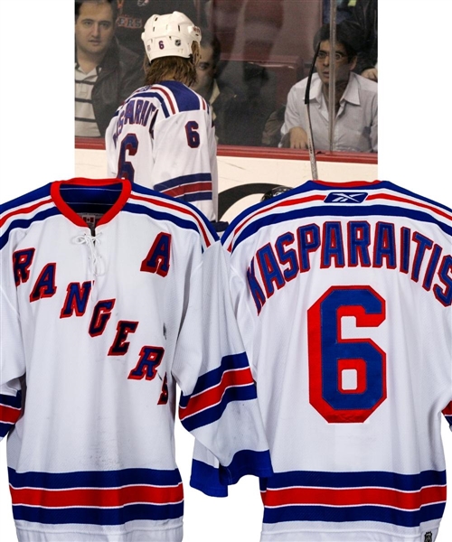 Darius Kasparaitis 2005-06 New York Rangers Game-Worn Alternate Captain’s Jersey with LOA – Team Repairs! - Photo-Matched! 