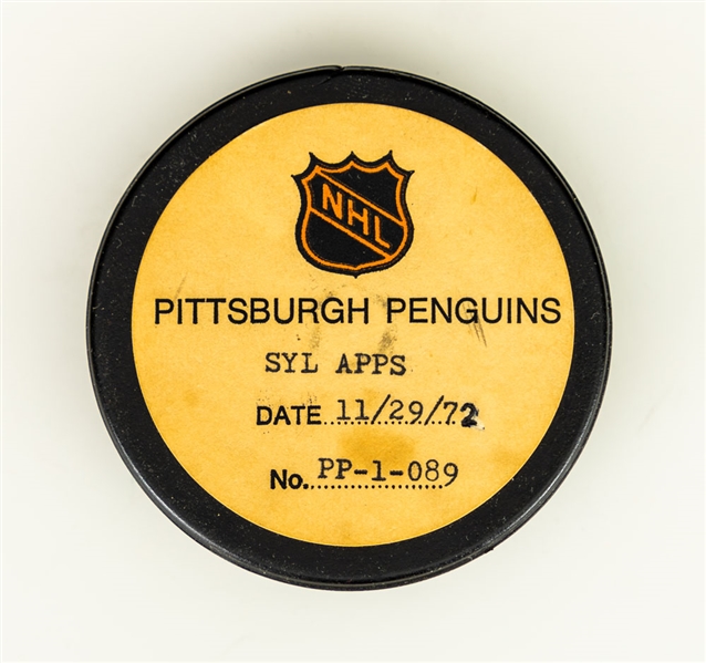 Syl Apps Jrs Pittsburgh Penguins November 29th 1972 Goal Puck from the NHL Goal Program Puck - Season Goal #10 of 29 - 5 Point Night!