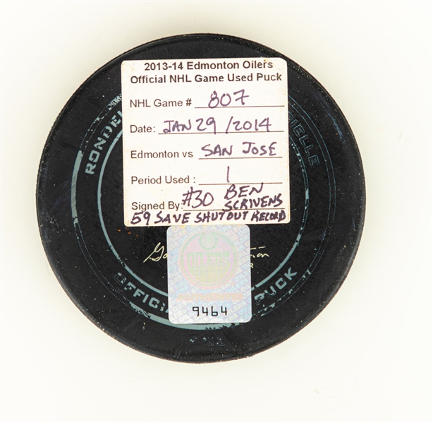 Ben Scrivens’ Jan 29, 2014 Signed Edmonton Oilers Game-Used NHL Record-Breaking Puck with LOA – Most Saves in a Single Shut-Out! 