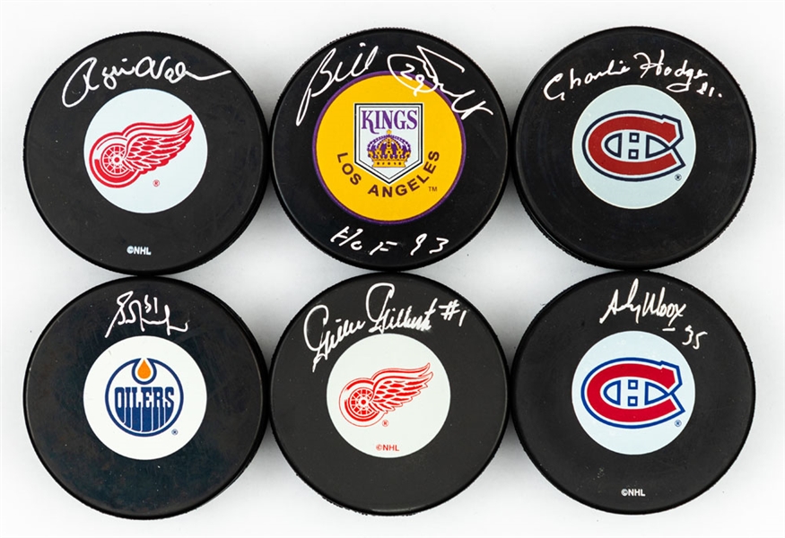 NHL Goaltenders Signed Puck Collection of 21 including HOFers Gilbert, Vachon, Smith and Grant Fuhr with COAs  