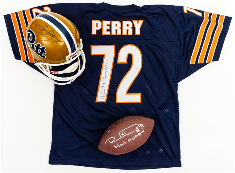 William Perry Signed Chicago Bears Jersey, Tony Dorsett Signed Pittsburgh Panthers Full-Size Riddell Helmet with  "76 Heisman" Annotation and Robert Mathis Signed Football - All Certified