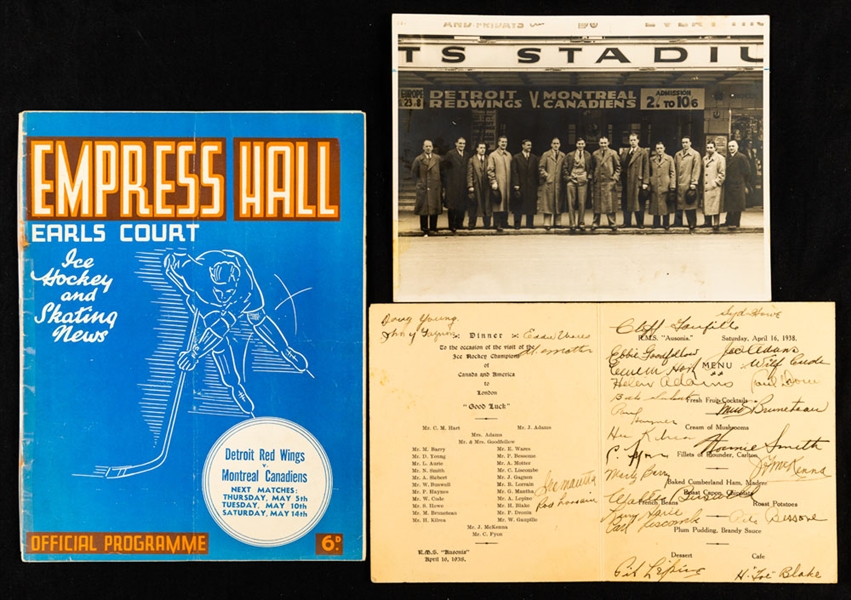 Detroit Red Wings - Montreal Canadiens 1938 European Tour Program, Photo and Signed Menu with LOA