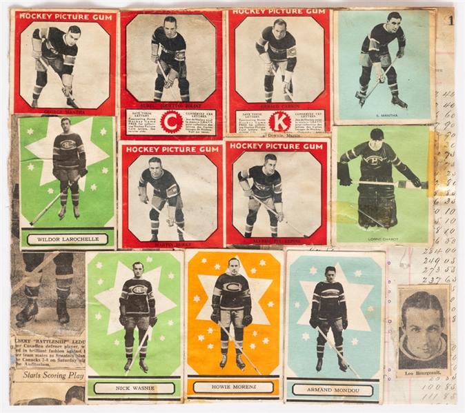 1933-34 O-Pee-Chee V304 Series "A" (4 Inc. Morenz), 1933-34 Canadian Chewing Gum V252 (10 Inc. Joliat) and 1933-34 Hamilton Gum V288 (2) Hockey Cards on Scrapbook Pages