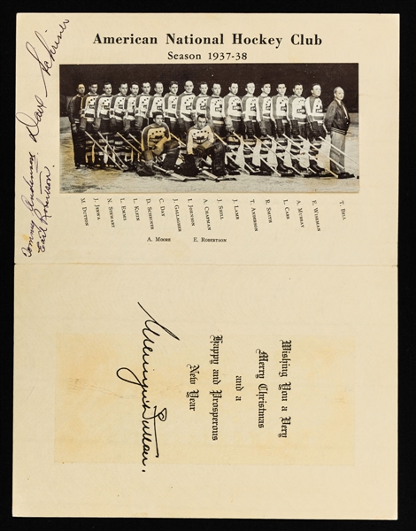 New York Americans 1937-38 Christmas Card Signed by Earl Robertson, Tommy Anderson and Deceased HOFer Sweeney Schriner