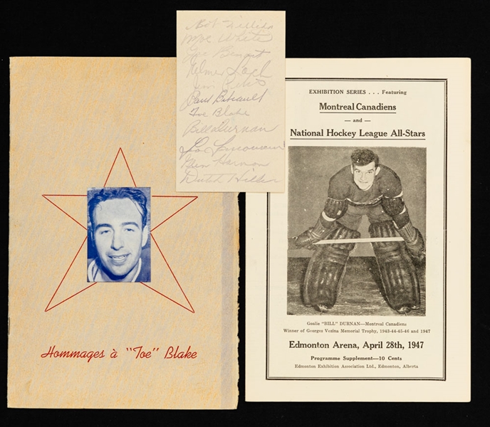 1940s Montreal Canadiens Collection including 1945-46 Team Signed Sheet (Blake, Durnan and Lach) and 1944 Toe Blake Night Program 