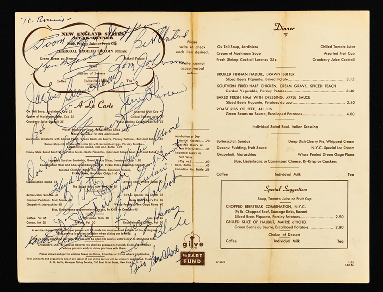 Montreal Canadiens 1955-56 Stanley Cup Champions Team-Signed Menu with Deceased HOFers Plante, Harvey, Beliveau and the Richard Brothers 