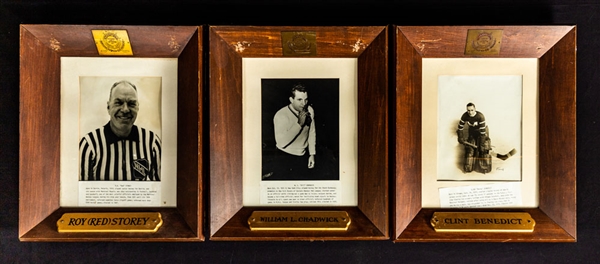 International Hockey Hall of Fame Display Plaque Collection of 3 with Clint Benedict, Red Storey and Bill Chadwick 