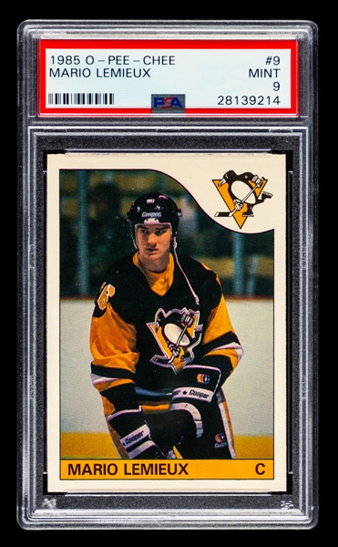 1985-86 O-Pee-Chee Hockey Card #9 HOFer Mario Lemieux Rookie - Graded PSA 9