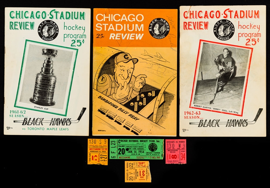 1940s to 1960s Chicago Black Hawks Program and Ticket Stub Collection of 9 including 1962 Stanley Cup Finals Program Plus 1956 MSG Semifinals Game 3 Program 