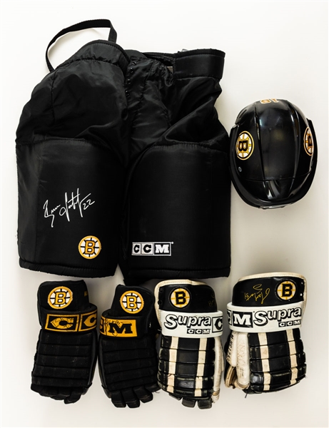 Boston Bruins Game-Used Equipment Collection of 4 Including Game-Worn Pants, Gloves and Helmet 