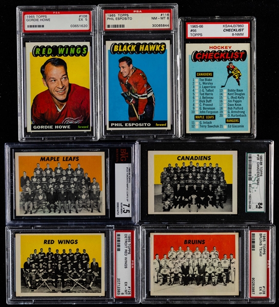 1965-66 Topps Hockey Complete 128-Card Set with 10 Graded Cards Including #116 Phil Esposito Rookie Card (PSA 8)