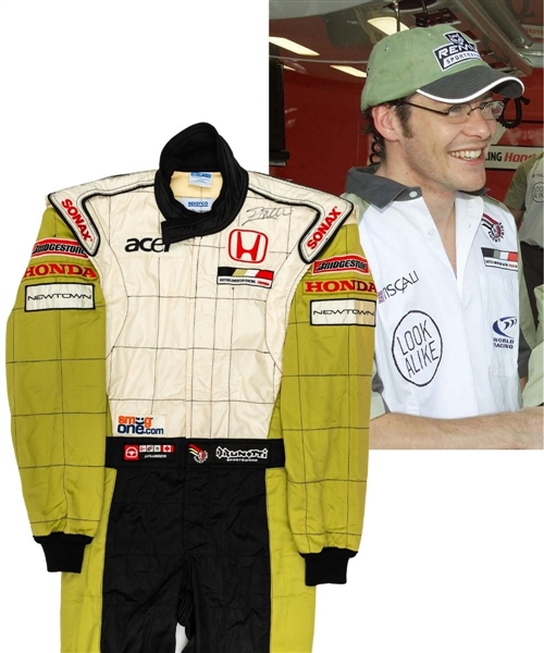 Jacques Villeneuves 2001 Lucky Strike BAR Honda F1 Team Signed Test/Practice-Worn Suit (No Sponsorship) with His Signed LOA