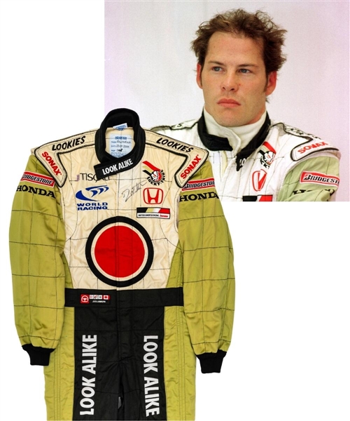 Jacques Villeneuves 2001 Lucky Strike BAR Honda F1 Team Signed Race-Worn Suit (Look Alike Sponsorship) with His Signed LOA