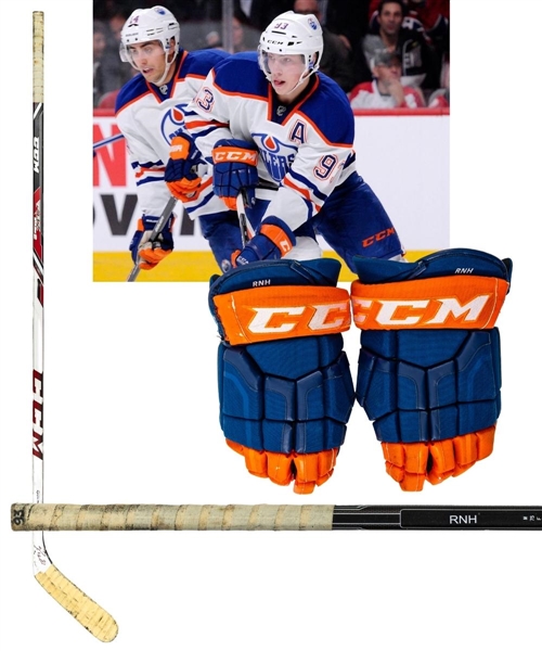 Ryan Nugent-Hopkins’ 2013-14 Edmonton Oilers Signed CCM Game-Used Gloves (Photo-Matched) Plus 2012-13 Signed CCM RBZ Game-Used Stick with LOAs