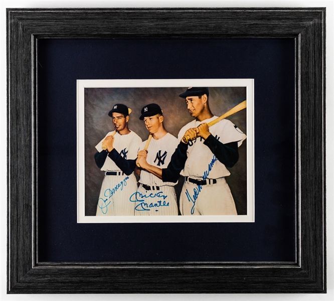 Deceased HOFers Joe DiMaggio, Mickey Mantle and Ted Williams Signed Framed Photo with PSA/DNA LOA (17" x 19")