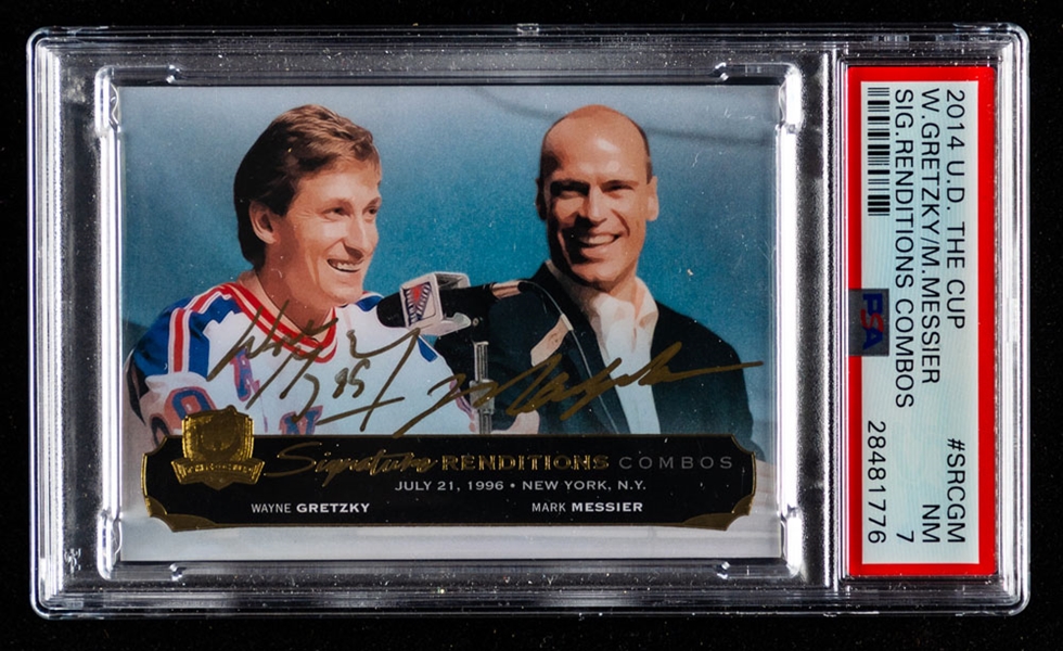 2014-15 Upper Deck The Cup Signature Renditions Combos Hockey Card #SRC-GM Wayne Gretzky/Mark Messier - Graded PSA 7
