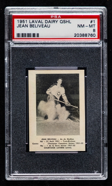 1951-52 Laval Dairy QSHL Hockey Card #1 HOFer Jean Beliveau (Pre-Rookie) - Graded PSA 8